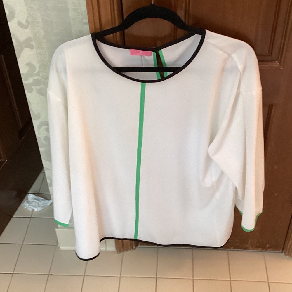 Basler White Blouse with Green Trim